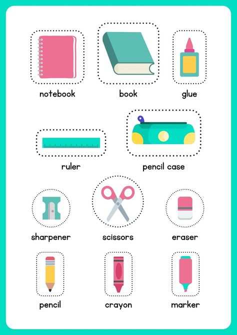 My School Bag - School Supplies (Classroom Objects) Cut and Paste Worksheet - Templates by Canva School Objects, Classroom Objects, Preschool Charts, Preschool Activities Printable, School Suplies, English Learning Books, English Teaching Materials, English Activities For Kids, Fun Classroom Activities