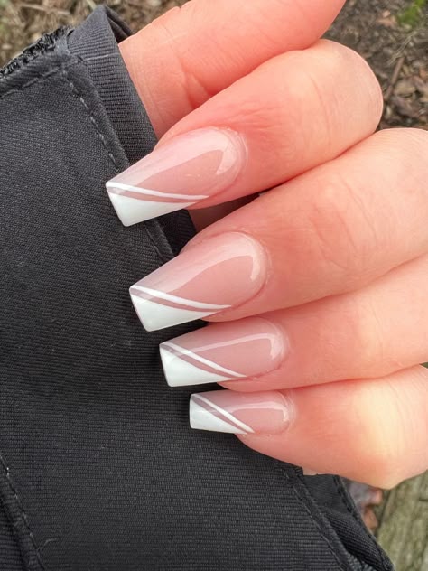 Square White Tip Nails With Design, Diaganol French Tip Nails, Acrylic Nail Designs French Tip White, Half White Tip Nails, Corner Tip Nails, Slanted White Tip Nails, White Line On Nails, Square Nails With White Lines, Side French Nails Design