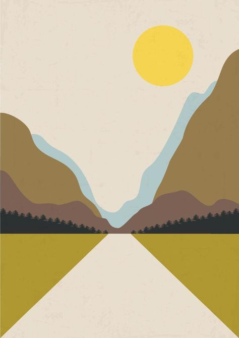 Vector minimalistic aesthetic landscapes with mountains and road. Boho wall print decor in flat style. Mid century modern minimalist art and design Landscape Flat Design, Flat Vector Art, Minimalist Illustration Art Design, Road Illustration Design, Mountain Illustration Simple, Flat Aesthetic, Aesthetic Landscapes, Flat Design Ideas, Tufting Ideas