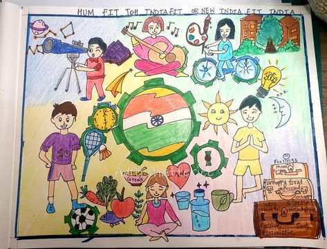 Fit India poster drawing by aditi Poster On Fit India, Fit India Poster Drawing Competition, Fit India Drawing, Fit India Poster, Fit India Poster Drawing, India Poster Drawing, Simple Doodle Art, Girls Sketch, Fitness Poster