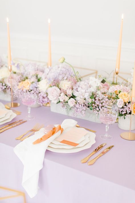 Lilac and Peach Regal Wedding Inspiration — Olive & Millicent Peach Purple Wedding, Wedding Cake Peach, Floating Centerpieces, Wisteria Wedding, Regal Wedding, Peach Candle, Floral Umbrellas, Lady Whistledown, Peach Party