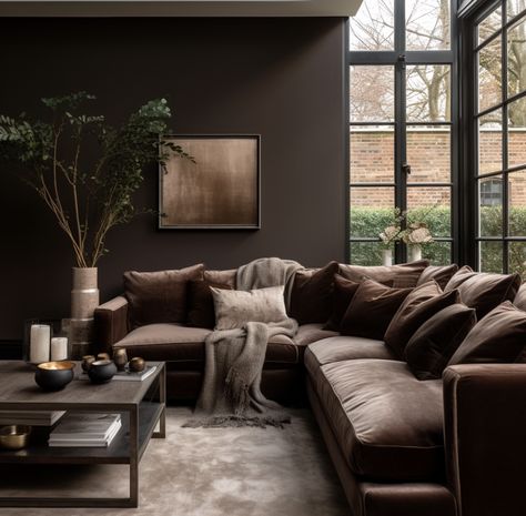 brown interior trend 2024 Dark Chocolate Interior Design, Coloured Sofas Living Rooms, Dark Wall Interior, Espresso Decor Ideas, Brown Couch Interior Design, Brown And Black Decor Living Room, Dark Brown Couches In Living Room Ideas, Urban Bronze Accent Wall Living Room, Brown And Neutral Living Room