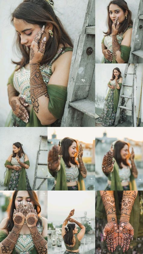 Indian Mehndi Photoshoot, Mehndi Showing Pose, Pose Ideas For Wedding, Mehndi Shoot Bride, Mahedi Pic, Poses For Mehendi, Wedding Pose For Bride, Wedding Mehndi Photography, Mehendi Pictures Wedding Photos