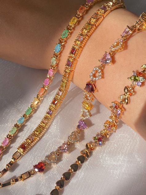 Colorful Gold Jewelry, Girly Bracelets, Luxury Bracelets, Dope Jewelry Accessories, Wrist Jewelry, Luxury Bracelet, Sparkly Jewelry, Rainbow Jewelry, Rainbow Bracelet