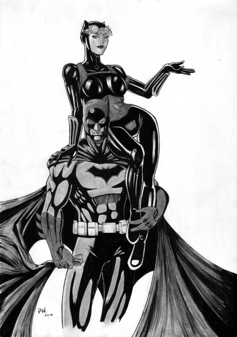 Batman and Catwoman by PH Gomes Catwoman Drawing, Black Catwoman, Batman Cat, Bruce And Selina, Dc Couples, Catwoman Comic, Black Batman, Comic Face, Black And White Couples