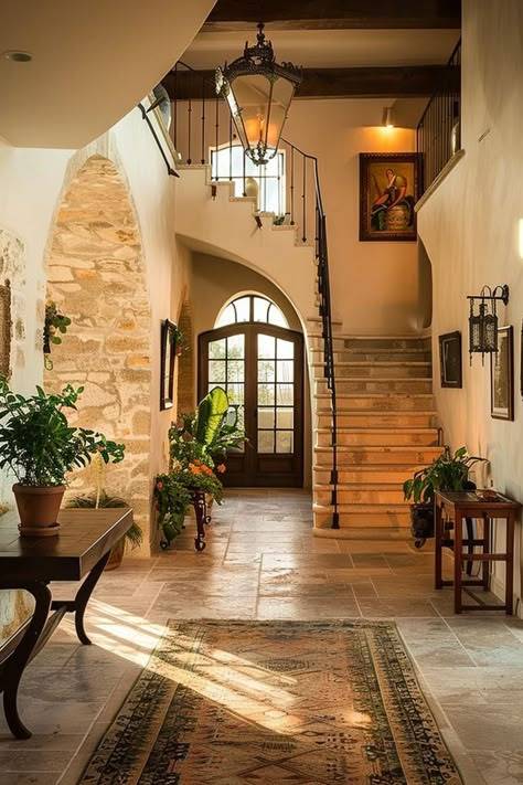 Spanish House Interior Living Room, Traditional Houses Interior, Mediterranean House Designs Interiors, Mediterranean Home Bedroom, House Interior Elegant, Earth Style Home, House Mediterranean Interior, Bedroom Mediterranean Style, Spain Home Decor