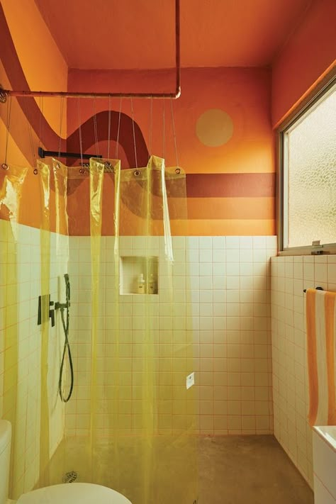 Mood Haus by DW Cursed Bathroom, Electric Decor, Retro Home Design, 60s Bathroom, Sun Shower Curtain, 70s Bathroom, Washer Dryer Kitchen, Retro Apartment, 60s 70s Aesthetic