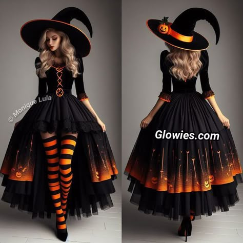 Nice Witch Costume, Orange And Black Witch Costume, Halloween Diy Witch Costume, Witch Inspo Outfits, Cute Halloween Dresses, Halloween Dresses For Women, Diy Womens Halloween Costumes Creative, Scary Witch Costume Ideas, Diy Black Halloween Costumes