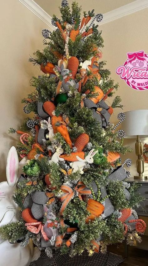 an Easter tree with carrots, bunnies and bows is a cool idea for a rustic space, and you can make it easily Valentine Day Tree Ideas, Spring Christmas Tree Ideas, Easter Christmas Tree Ideas, Valentines Day Tree Ideas, Valentine’s Day Tree Ideas, Easter Display Ideas, Easter Mantel Decorating Ideas, Valentines Tree Decorations, Rustic Easter Decor Ideas