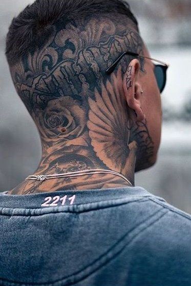 Tattoo Crane, Mens Tattoos, Best Neck Tattoos, Side Neck Tattoo, Throat Tattoo, Gangsta Tattoos, Yakuza Tattoo, Back Of Neck Tattoo, Sick Tattoo