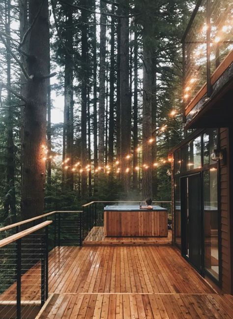 Open deck and hot tub with twinkly lights = perfect! Outdoor Decks, Cabin Weekend, Girls Weekend Getaway, Woodland House, Cozy Cottages, Cozy Cabins, Getaway Cabins, Cabin In The Woods, The Woodlands