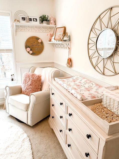 Off Centered Crib Nursery, Nursery Dresser With Changing Pad, Mirror In Nursery Girl, Changing Table Topper For Dresser, Furniture For Nursery, Changing Pads On Dresser, Earthy Nursery Decor, Nursery With Tv, Homegoods Nursery