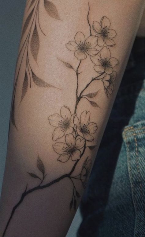 Cheery Blossoms Tattoo Black And White, Cherry Blossom Tattoo Inner Arm, Apple Blossom Branch Tattoo, Cherry Blossom Arm Wrap Tattoo, Delicate Cherry Blossom Tattoo, Sleeve Tattoos Plants, Floral Men’s Sleeve Tattoo, Scattered Flower Tattoo, Cherry Blossom Tattoo Chest