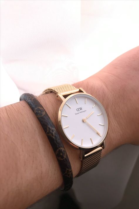 Louis Vuitton leather bangle, gold round watch, gold daniel wellington watch petite Daniel Wellington Watch, Round Watch, Bangle Gold, Leather Bangle, Daniel Wellington, Wellington, Gold Watch, Bangles, Louis Vuitton