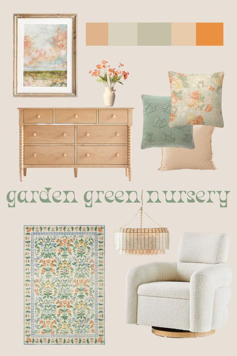 Sage And Pink Floral Nursery, Peach And Mint Nursery, Sage Green Pink Yellow Bedroom, Garden Party Nursery, Orange Green Nursery, Girly Nursery Ideas Green, Light Pink And Green Nursery, Botanical Garden Nursery, Peach And Sage Nursery