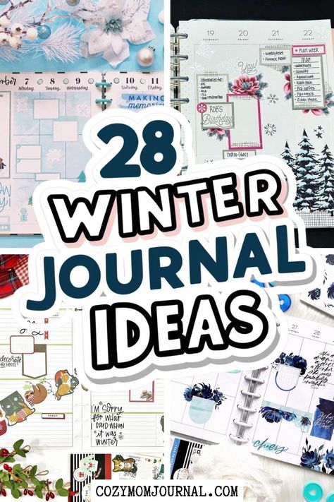 "28 winter journal ideas with decorated pages and creative layouts." How To Decorate A Journal Page, Happy Planner Journaling Ideas, Happy Planner January Layout, Happy Planner Winter Layout Ideas, Journaling Goals Layout, Winter Junk Journal Ideas, Winter Bujo Theme, January Planner Layout, Journal Ideas 2025