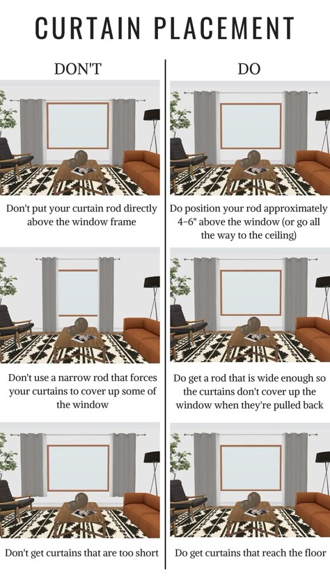 THE DO'S & DON'TS OF CURTAIN PLACEMENT | Nadine Stay Curtain Placement, Kids Bedroom Curtains, Decoration Hacks, Living Room Decor Tips, Best Curtains, Living Room Decoration Ideas, Curtain Bedroom, Closet Shoe, Closet Shoe Storage