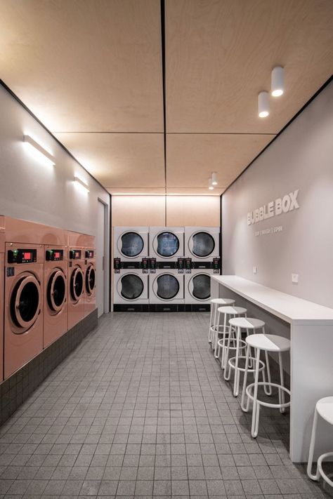 Laundrymat Design Ideas, Cute Laundromat Ideas, Laundry Cafe Interior Design, Coin Laundry Design, Small Laundromat Design, Laundrette Design, Cafe Laundromat, Laundry Shop Design Ideas, Laundry Room Wallpaper Accent Wall