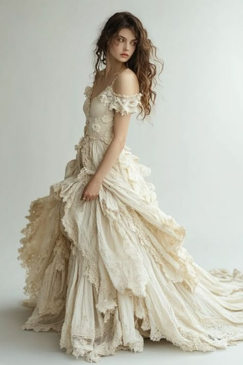 Dramatic Wedding Dress Ballgown, Cream Wedding Dress Vintage, Modern Victorian Wedding Dress, Romantic Ethereal Style, Fae Wedding Dress, Cream Colored Wedding Dress, Weird Wedding Dress, Victorian Style Wedding Dress, Hippie Elegante