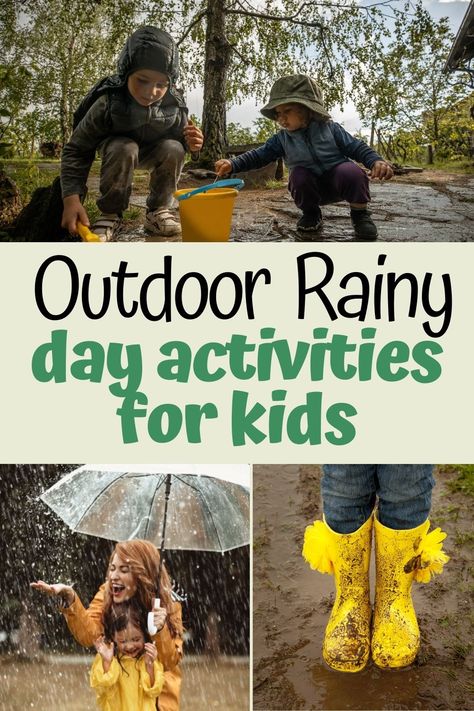 Rainy Day Outdoor Activities for Kids. Don't hide inside in the rain! get outside and enjoying playing in the rain with these easy ideas for wet weather play outdoors! Outdoor Education Activities, Preschool Outdoor Activities, Forest Preschool, Play In The Rain, Activity Ideas For Kids, Outside Activities For Kids, Weather Activities For Kids, Outdoor Activities For Toddlers, Rainy Day Activity