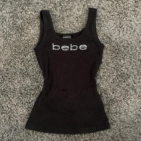 TRASHY Y2K BEBE TANK TOP super adorable mcbling... - Depop Y2k Clothing Pieces, Trashy Y2k Fashion, Y2k Tops 2000s, 200s Tank Tops, Trashy Y2k Shirts, Trashy Y2k Clothes, Trashy Y2k Tops, Mcbling Shirts, Y2k Fitted Tank Top