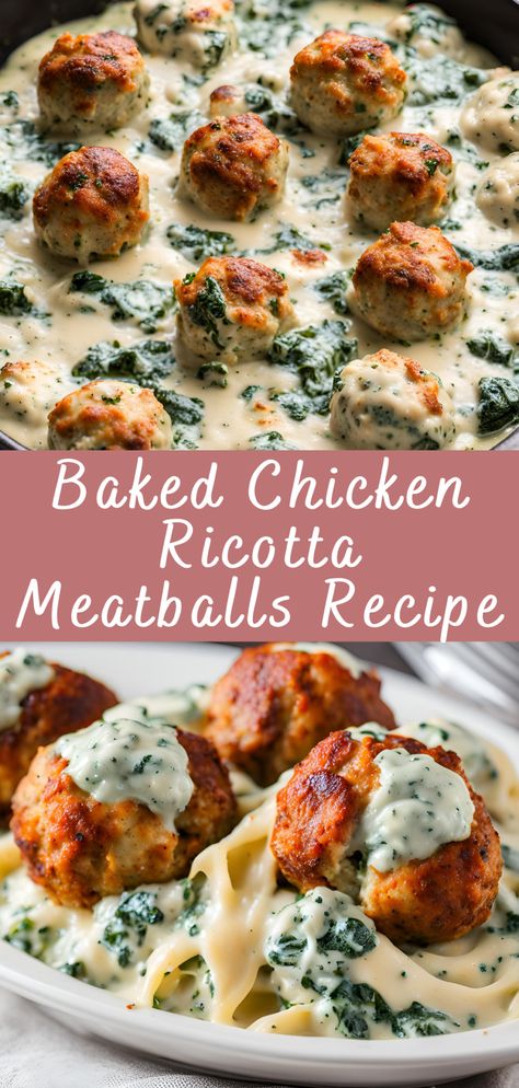 Baked Chicken Ricotta Meatballs Recipe with Spinach Alfredo Sauce | Cheff Recipes Baked Chicken Ricotta, Garlic Alfredo Chicken Meatballs, Baked Chicken Ricotta Meatballs With Spinach Alfredo Sauce, Baked Chicken Ricotta Meatballs Recipe, Ricotta Recipes Appetizers, Baked Chicken Ricotta Meatballs With Spinach Alfredo Sauce Pasta, Creative Meatball Recipes, Chicken Ricotta Meatballs With Spinach Alfredo Sauce, Chicken Ricotta Meatballs Recipe