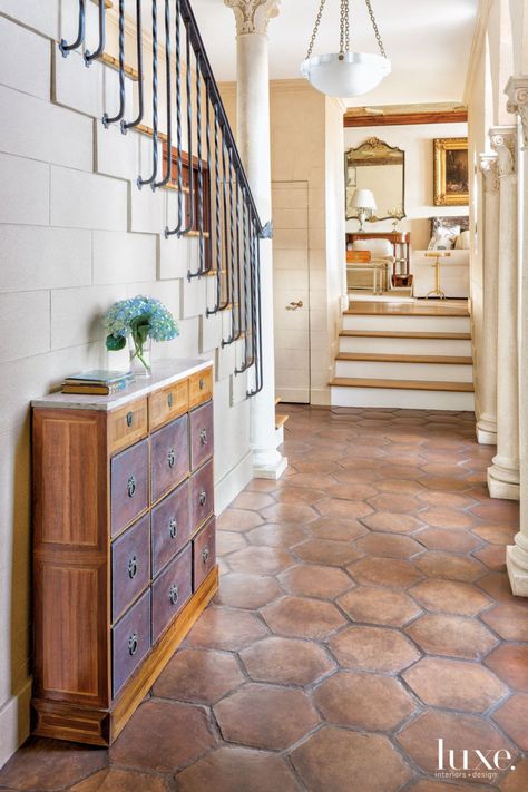 Terra Cotta Flooring, Terra Cotta Floors, Portuguese House, Terracotta Floors, Accent Floor, Entry Tile, Viking Range, Saltillo Tile, Floor Designs