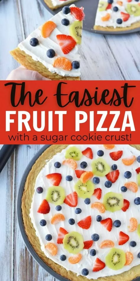 Fruit Pizza Recipe Sugar Cookie, Sugar Cookie Dessert Pizza, Fruit Pizza Easy, Dessert Pizza Recipe Easy, Cookie Fruit Pizza Recipe, Sugar Cookie Crust Fruit Pizza, Fruit Pizza With Cream Cheese, Fruit Pizza Icing, Sugar Cookie Fruit Pizza