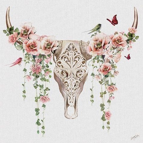 Tattoo Crane, Bull Skull Tattoos, Skull With Flowers, Tattoos Infinity, Tattoos Mandala, Tattoos Geometric, Tattoos Skull, Inspiration Tattoo, Skull Painting