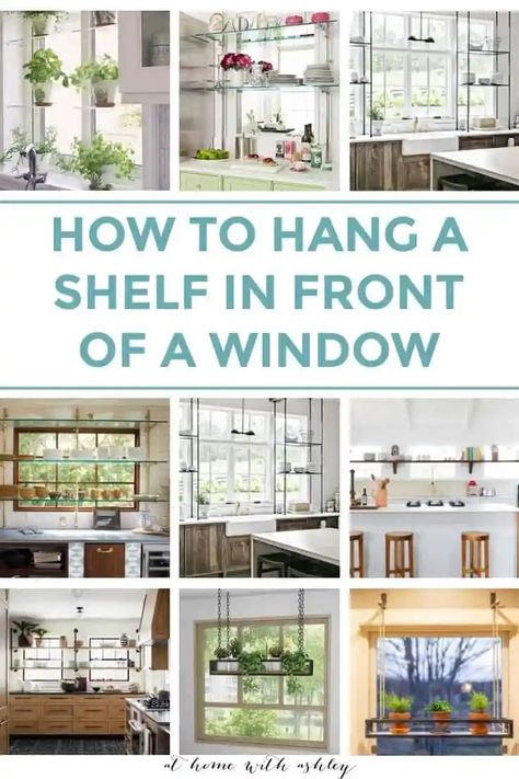 How to hang a shelf in front of windows or glass. This works for storage on open sheling with ideas for hanging shelves or a ceiling rack and is perfect in a kitchen, living room, she shed, or bar. It's great for holding shelves and I share a diy tutorial for how to make one Shelves In Front Of Kitchen Window, Shelf Over Window, Diy Window Shelf, Window Shelves For Plants, Hanging Shelf Kitchen, Kitchen Window Shelves, Window Shelf For Plants, Window Plant Shelf, Bathroom Unique