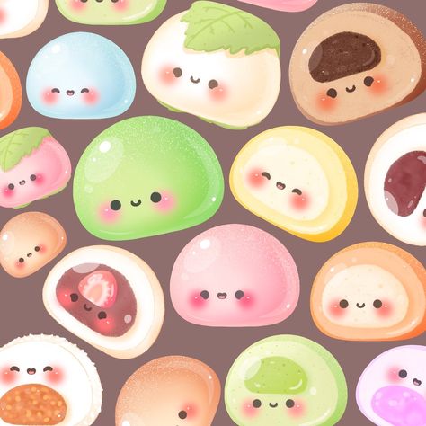 Kawaii Food Wallpaper, Mochi Illustration, Mochi Art, Bright Winter Color Palette, Mochi Cute, Candy Illustration, Cute Mochi, Kawaii Drawing, Air Dry Clay Projects