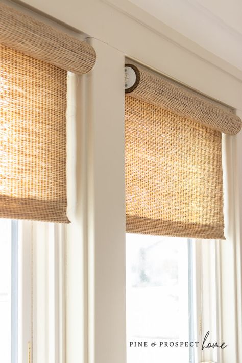 Woven Roller Shades, Roller Shades Living Room, Curtains And Shades, Bamboo Roller Shades, Pine And Prospect, Pine And Prospect Home, Woven Blinds, Cottage Windows, Woven Wood Shades