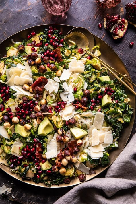 This Shredded Brussels Sprout and Prosciutto Salad has quickly become one of my favorites. It’s quick, festive, easy to make ahead, and so delicious. Shredded brussels sprouts, nutty manchego cheese, warm brown butter toasted hazelnuts, and sweet pomegranates. All tossed with a delicious balsamic dressing that’s sweet and tangy. Every bite of this salad is bursting with flavor. This salad is great served alongside your favorite dinner, or at your next holiday gathering! Arugula Brussel Sprout Salad, Autumn Movie, Hearty Salad Recipes, Prosciutto Salad, Half Baked Harvest Recipes, Veg Meals, Winter Salad Recipes, Christmas Salad, Winter Salads