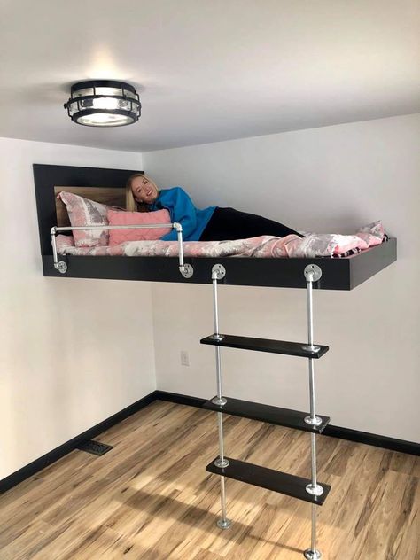 Floating Bed With Desk Under, Loft Bed Floating, Suspended Loft Bed, Floating Loft Bed, Floating Loft, Bed Against Wall, Dark Dungeon, Double Loft Beds, Suspended Bed