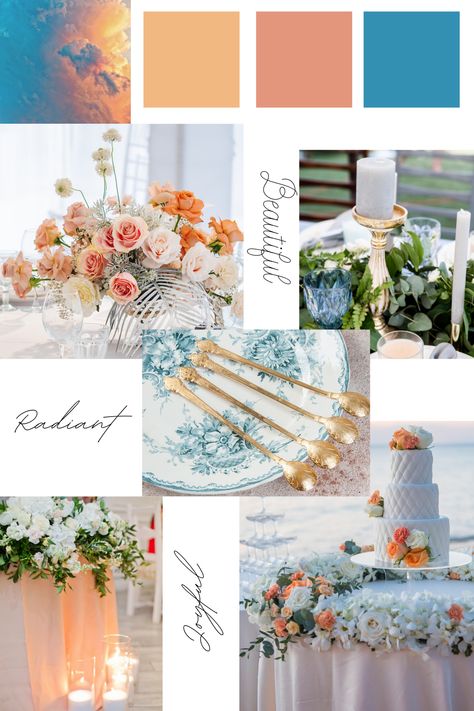 Inspired by the sunrise - colorful , fun and elegant wedding color palette. Coral, orange sherbet and blue. Wedding Color Schemes Summer Beach, Summer Beach Wedding Colors Colour Palettes, Beach Wedding Schemes, Beach Wedding Pallet Colour Palettes, 2024 Wedding Palette, Pink Orange Blue Wedding Theme, Wedding Colour Schemes Beach, Dusty Blue Coral Wedding, Wedding Color Inspiration Spring