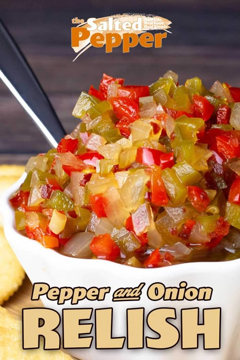 Pepper & Onion Relish Recipe Sweet And Hot Pepper And Onion Relish, Pepper Relish For Canning, Bread And Butter Peppers, Canned Green Peppers Recipes, Pepper Onion Relish, Onion Relish Recipe, Hot Dog Relish, Hot Pepper Relish, Sweet Pepper Recipes