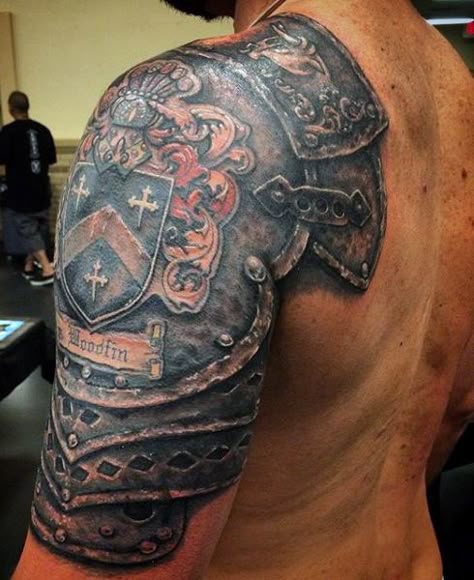 Guys Knight Suit Armor Tattoo Biomech Tattoo, Armour Tattoo, Shoulder Armor Tattoo, Crest Tattoo, Shield Tattoo, Tattoo Guide, Knight Tattoo, Armor Tattoo, Military Tattoos