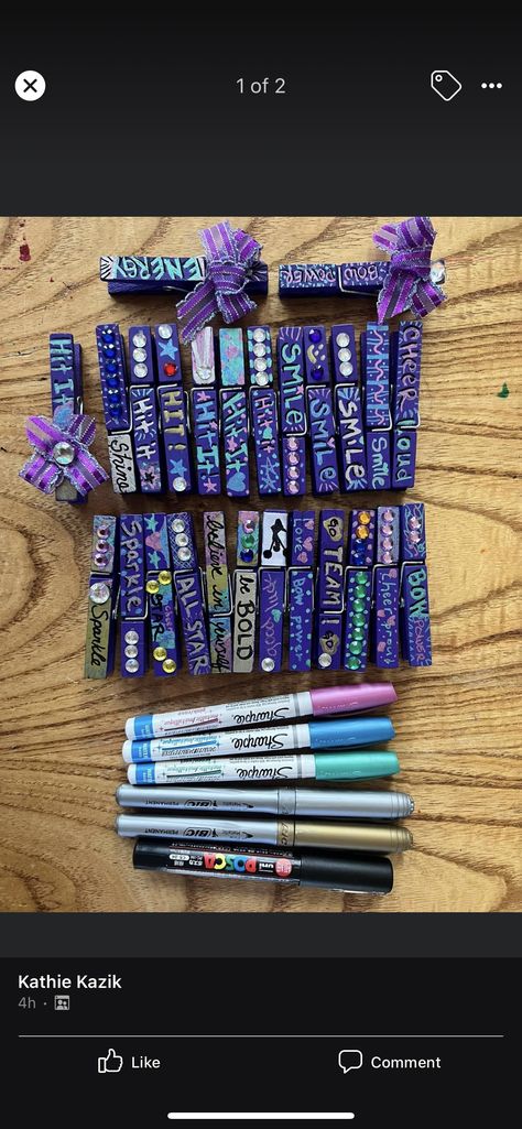 Cheer Bag Clothespins, Cheer Good Luck Pegs, Cheer Cloths Pins, Good Luck Pins Cheer, Cheer Goodluck Clothespins, Good Luck Clothespins For Cheer, Cheerleading Ideas Diy, Cheer Comp Clothes Pins, Cheer Competition Pin Ideas