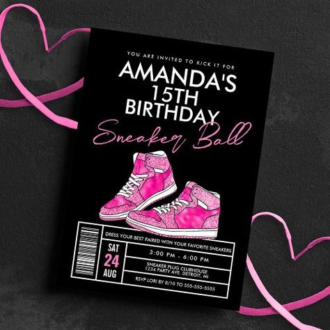 Sneaker Invitation, Pink Sneaker Ball, Sneaker Ball Theme, Sweet 16 Sneaker Ball, Sneaker Ball Invitation, Sneaker Ball Ideas, Ball Sweet 16, Sneaker Ball Party, Pink Birthday Invitations