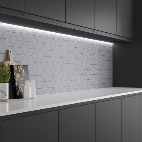 This eye-catching kitchen backsplash ideas is a perfect addition to any working space in your kitchen remodel. This grey hexagon backsplash will create a perfect finish in your modern kitchen, perfect for any kitchen cabinet inspiration, it perfectly mimics the look of hexagon kitchen tiles. Grey Hexagon Backsplash, Backboard Ideas, Kitchen Cabinet Inspiration, Kitchen Splashback Tiles, Hexagon Backsplash, Grey Kitchen Designs, Tile Splashback, Dark Grey Kitchen, Grey Backsplash