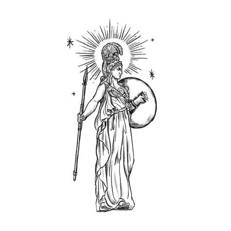 Ancient Greek Art Tattoo, Athena Statue Drawing, Athena Line Tattoo, Athena Tattoo Minimalist, Athena Illustration, Athena Tattoo Design Greek Mythology, Athena Tattoo Design, Hera Tattoo, Greek Art Tattoo