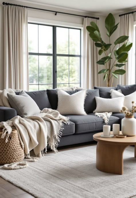 Dark Grey Couch Living Room Grey Couch Living Room Dark Floors, Dark Gray Couches With Pillows, Contemporary Living Room Gray Couch, Dark Grey Couch Cream Rug, Styling Gray Sectional, White Walls Dark Grey Couch, Dark Room Light Couch, Living Room Color With Gray Couch, Living Room Mood Board Gray Couch