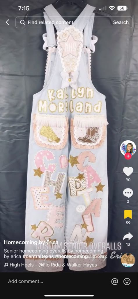 Decorated Overalls Homecoming, Cheer Overalls, Overall Homecoming Ideas, Homecoming Overalls Senior, Senior Overalls Ideas High Schools, Hoco Overalls, Homecoming Jeans Ideas, Senior Year Activities, Homecoming Jeans