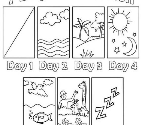 Free & Easy To Print Creation Coloring Pages - Tulamama Creation Animals Craft, Day 1 And 2 Of Creation Craft, 7 Days Of Gods Creation, Story Of Creation Coloring Page, The Creation Coloring Pages, The 7 Days Of Creation, Creation Story Colouring Sheet, Day 1 Of Creation Crafts, The Beginning Bible Craft