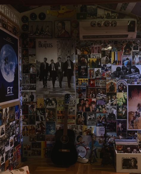 Room Full Of Posters Aesthetic, Old Bedroom Ideas Vintage, Rock Star Room Decor, Cluttered Poster Wall, Room Inspo Aesthetic Vintage Indie, Old Rock Music Aesthetic, Beatles Room Aesthetic, Rock And Roll Room Ideas, Old Rock Posters