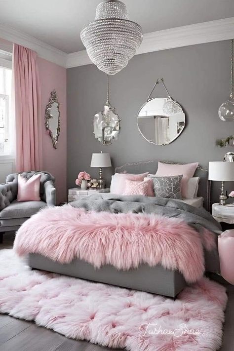 Pink And Grey Kids Bedroom, Pink Black White Silver Bedroom, Womens Pink Bedroom Ideas, Pink And Grey Home Decor, Pink And Gray Girls Bedroom, Grey And Pink Room Ideas Bedroom, Gray Girls Bedroom Ideas, Pink And Silver Room Ideas, Girly Pink Bedroom Aesthetic