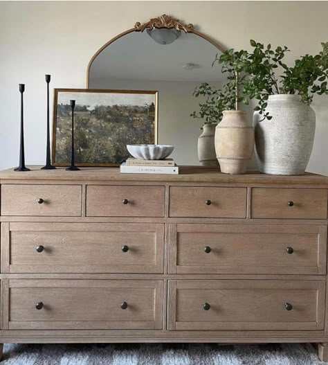 Studio Mcgee Dresser Styling, Dresser Top Aesthetic, Decor Over Dresser Bedroom, Primary Bedroom Dresser Decor, Over Dresser Decor, How To Style Dresser, Dresser In Bedroom Ideas, Styling Dresser Top, Decorating Dresser Tops Bedroom