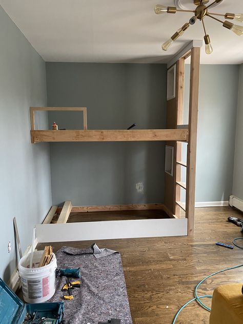 Bunk Room Reveal | liannecarey.com Ikea Bunk Beds For Boys Room, Bunk Beds In Basement, Bunk Bed Inspiration, Restoration Hardware Bunk Beds, Floating Bunk Beds Diy, Built In Bunk Bed Small Room, Boys Bed With Storage, Easy Built In Bunk Beds, Simple Bunk Bed Ideas For Small Rooms