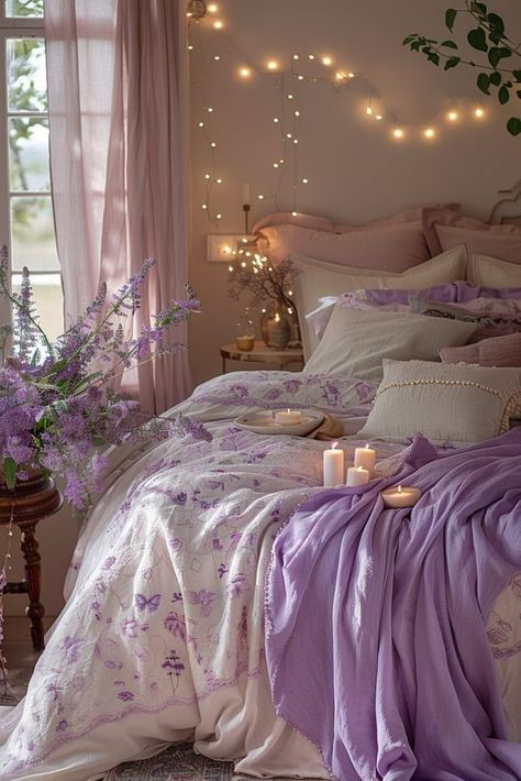 Pink And Lavender Bedroom, Lavender Bedrooms, Lavender Boho Bedroom, Dreamy Room Decor, Aurora Bedroom, Lavender Bedroom, Lavender Room, Lavender Decor, Digital Wardrobe