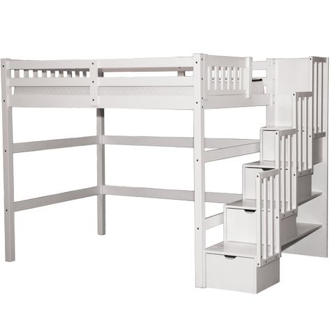 Staircase Bunk Beds | Twin Over Full Bunk Beds With Stairs Loft Bed Diy, Loft Bed With Stairs, Adult Loft Bed, Twin Full Bunk Bed, Bed With Stairs, Full Loft Bed, Loft Staircase, White Bunk Beds, Cool Bunk Beds